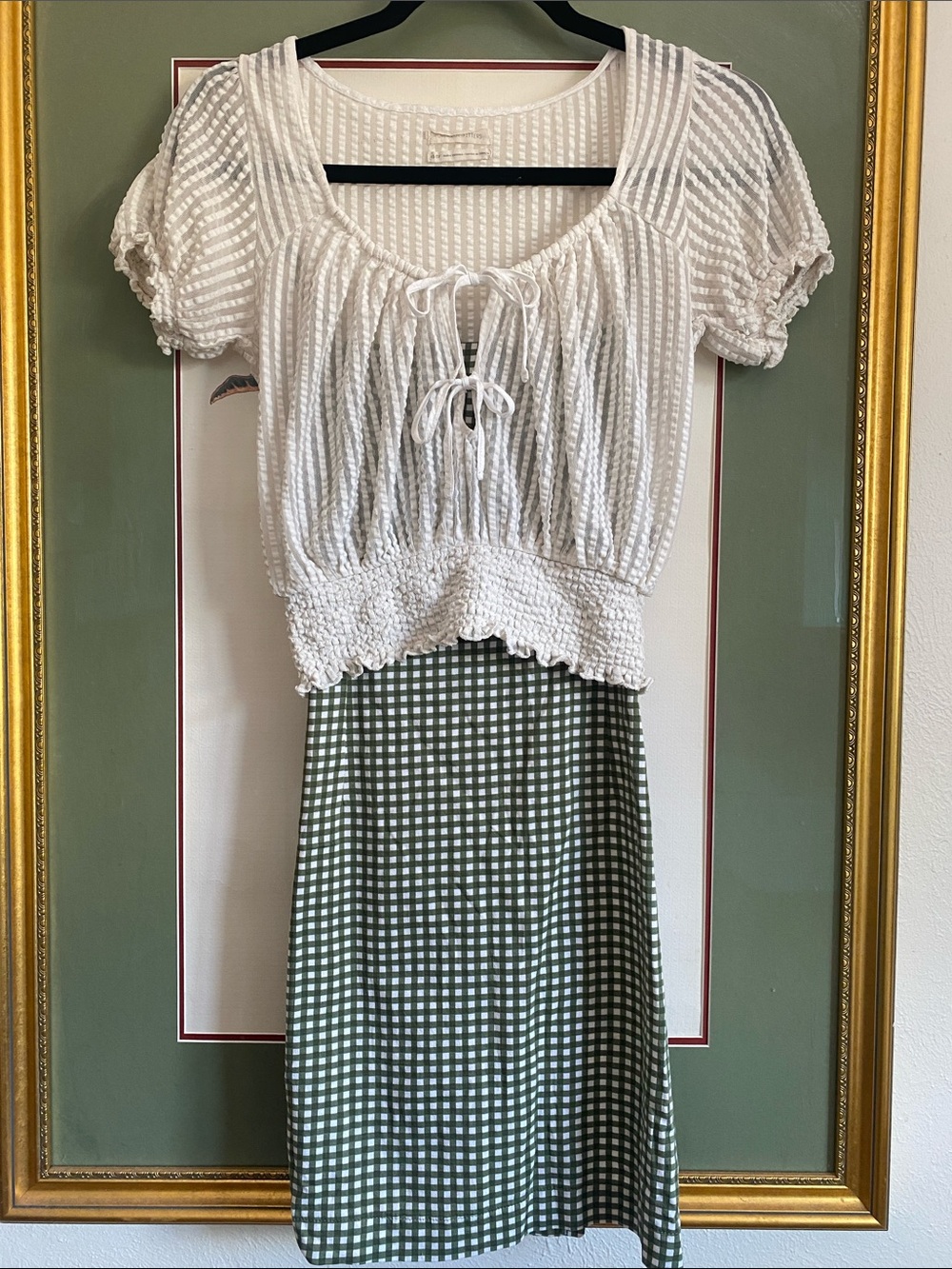Urban Outfitters Green/White Gingham Dress w/Seersucker Top w/Puff Sleeves Set